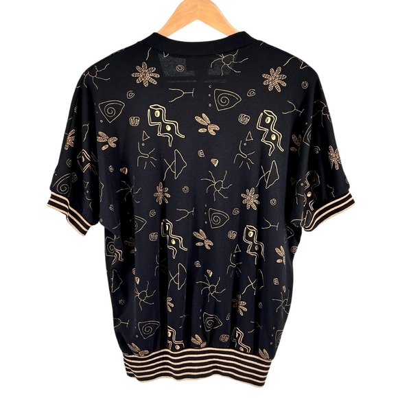 Vintage Adolfo Sport Womens Abstract Print Metallic Gold Top Size XL Black Artsy - Picture 2 of 15